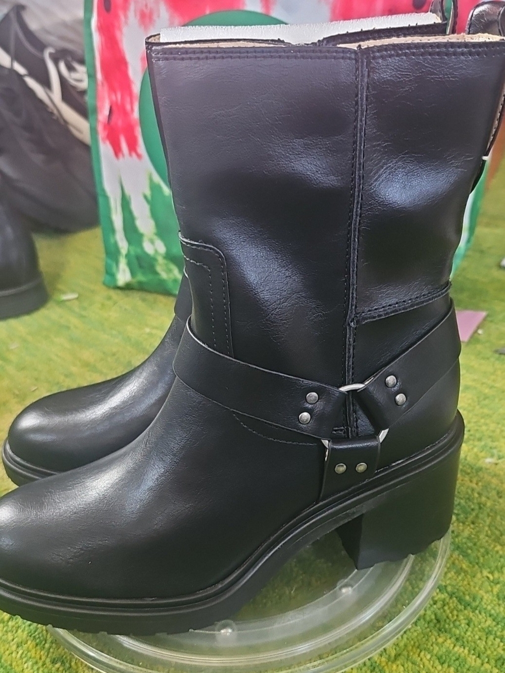 Black Mid-Calf Harness Heeled Boots - Women's